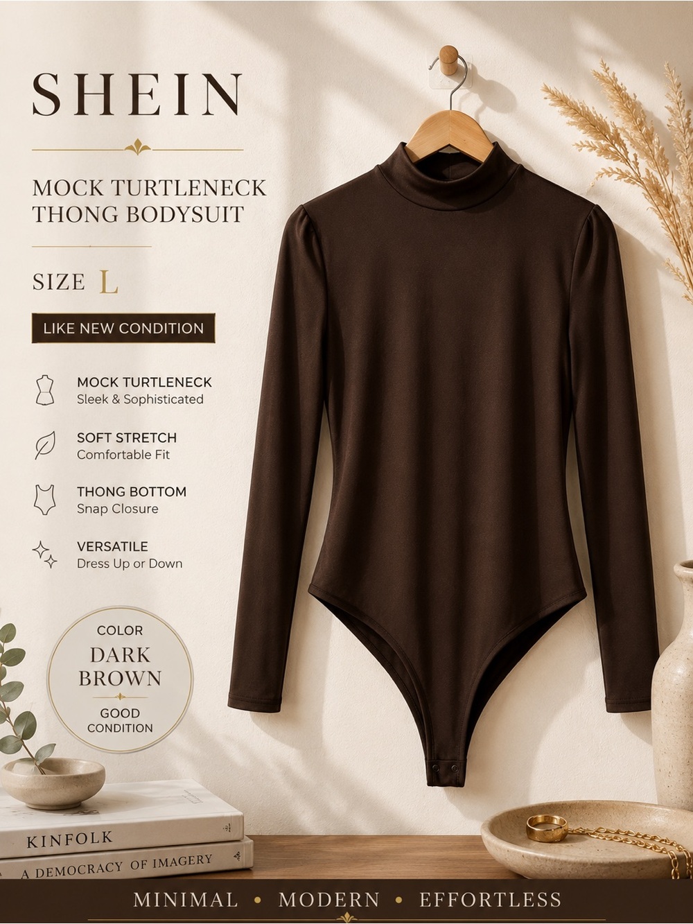 SHEIN Dark Brown Mock Turtleneck Long Sleeve Thong Bodysuit Size L
